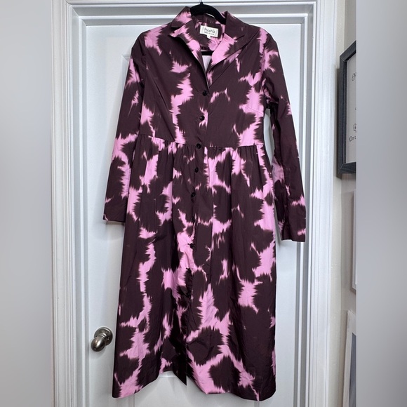PSophia Dresses & Skirts - PSOPHIA Printed Taffeta Collared Long Sleeve Dress Brown & Pink w/ Pockets